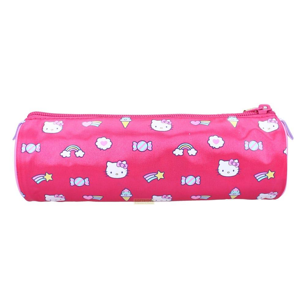 Un estuche rosa decorado con Hello Kitty y motivos de dulces.
