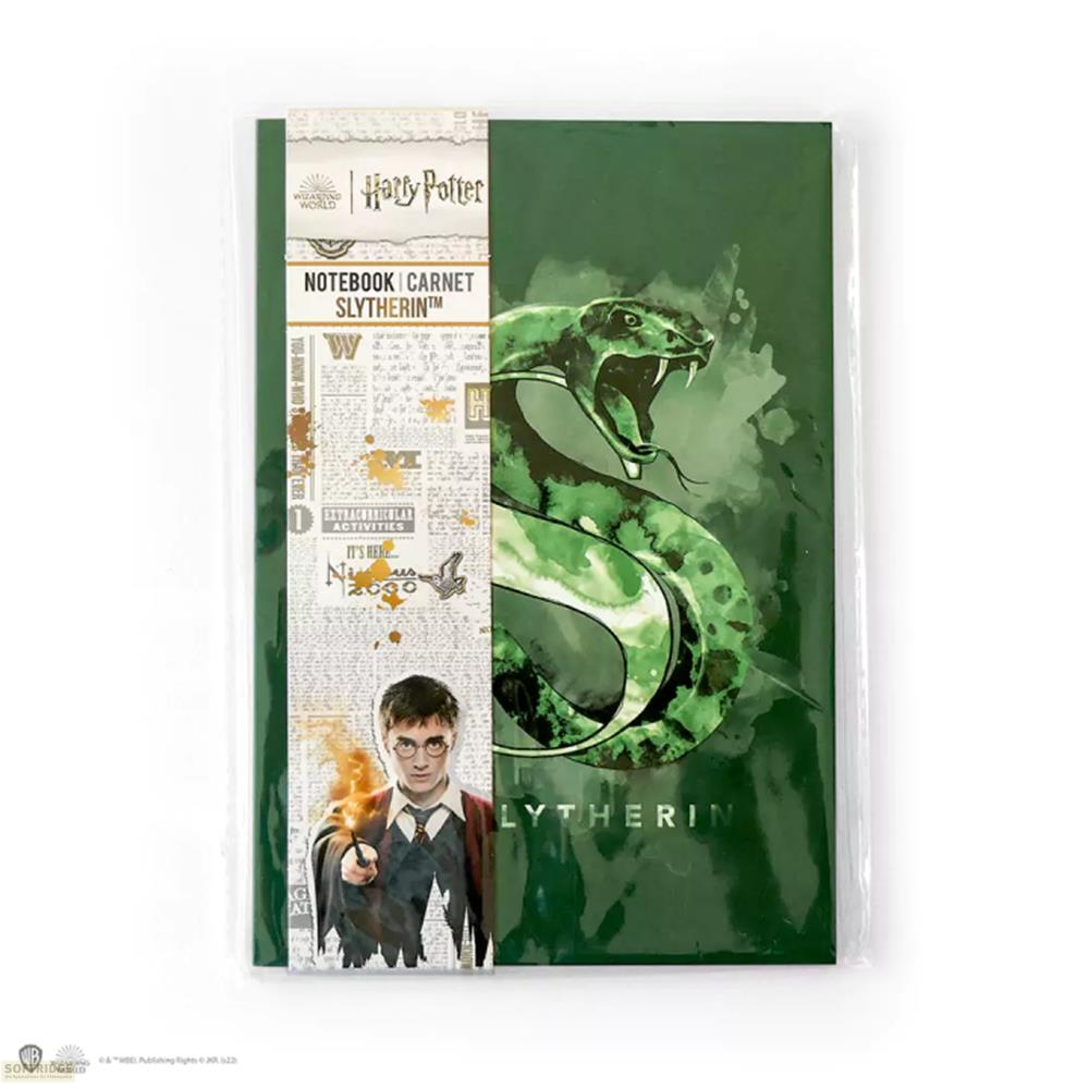 Harry Potter Slytherin Notizbuch mit Schlangenkunst und Harry-Bild.