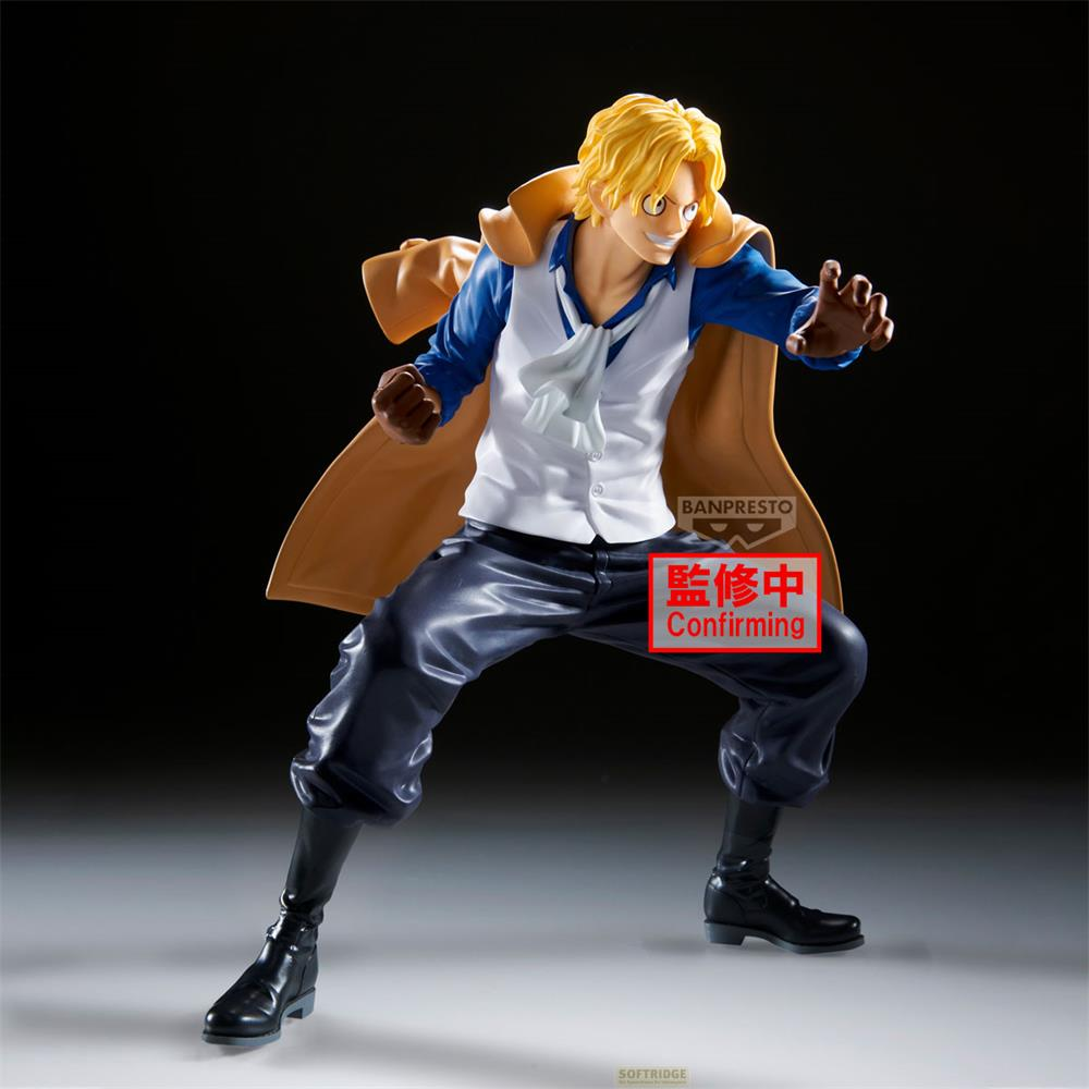 Una figura con pelo rubio, abrigo marrón, chaleco blanco y camisa azul.