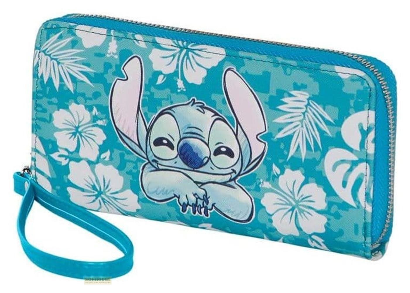 Blaue Geldbörse mit Stich-Motiv und tropischen Blumen.