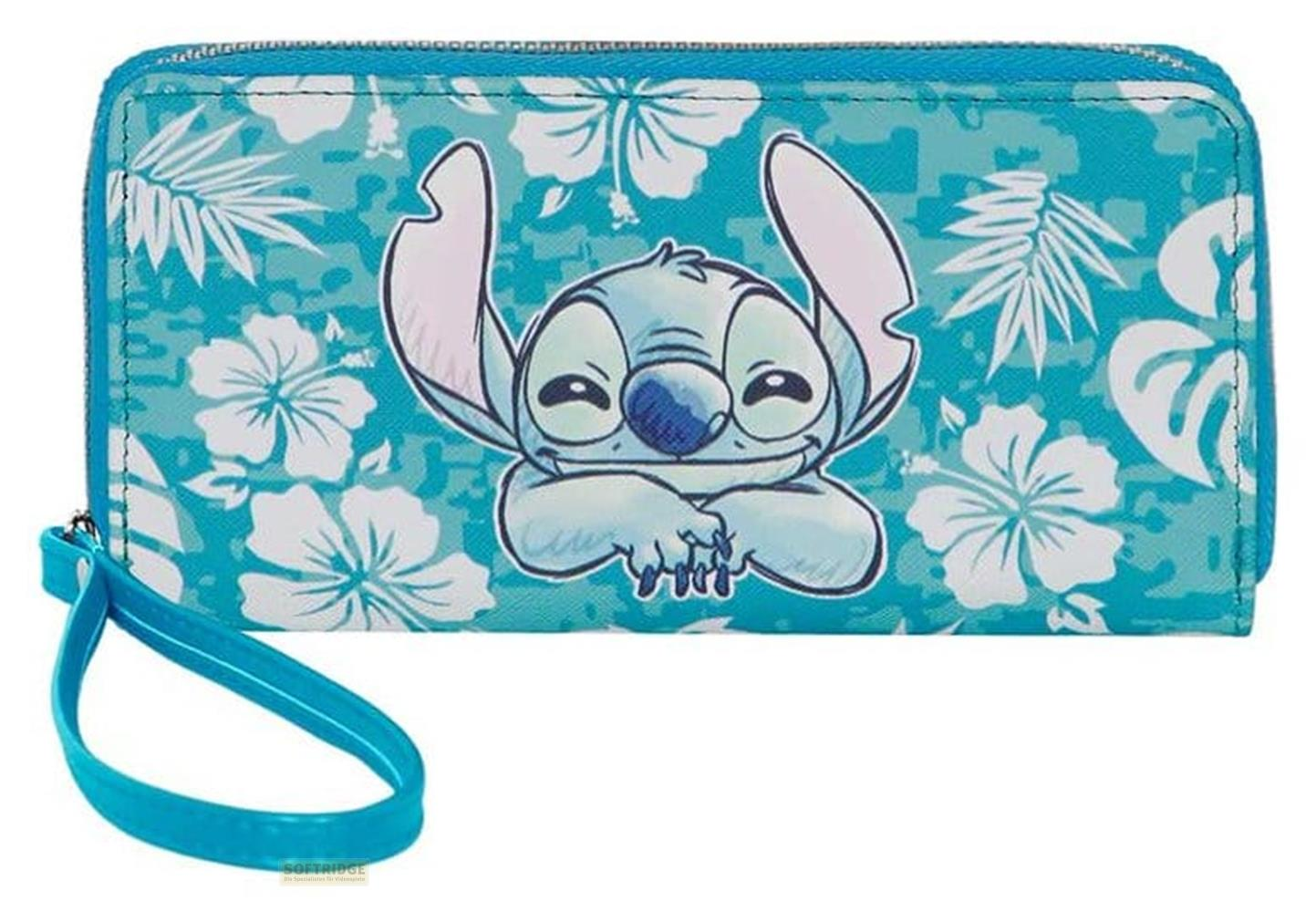Ein blauer Geldbeutel mit Stitch und hawaiianischen Blumen.