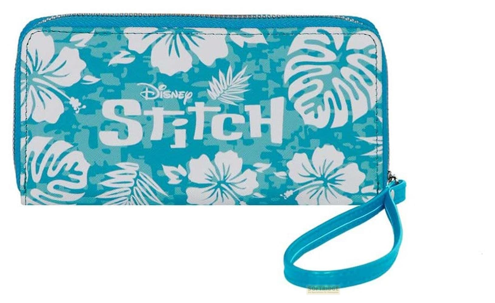 Eine blaue Brieftasche mit weißem Blumenmuster und dem Schriftzug "Disney Stitch".