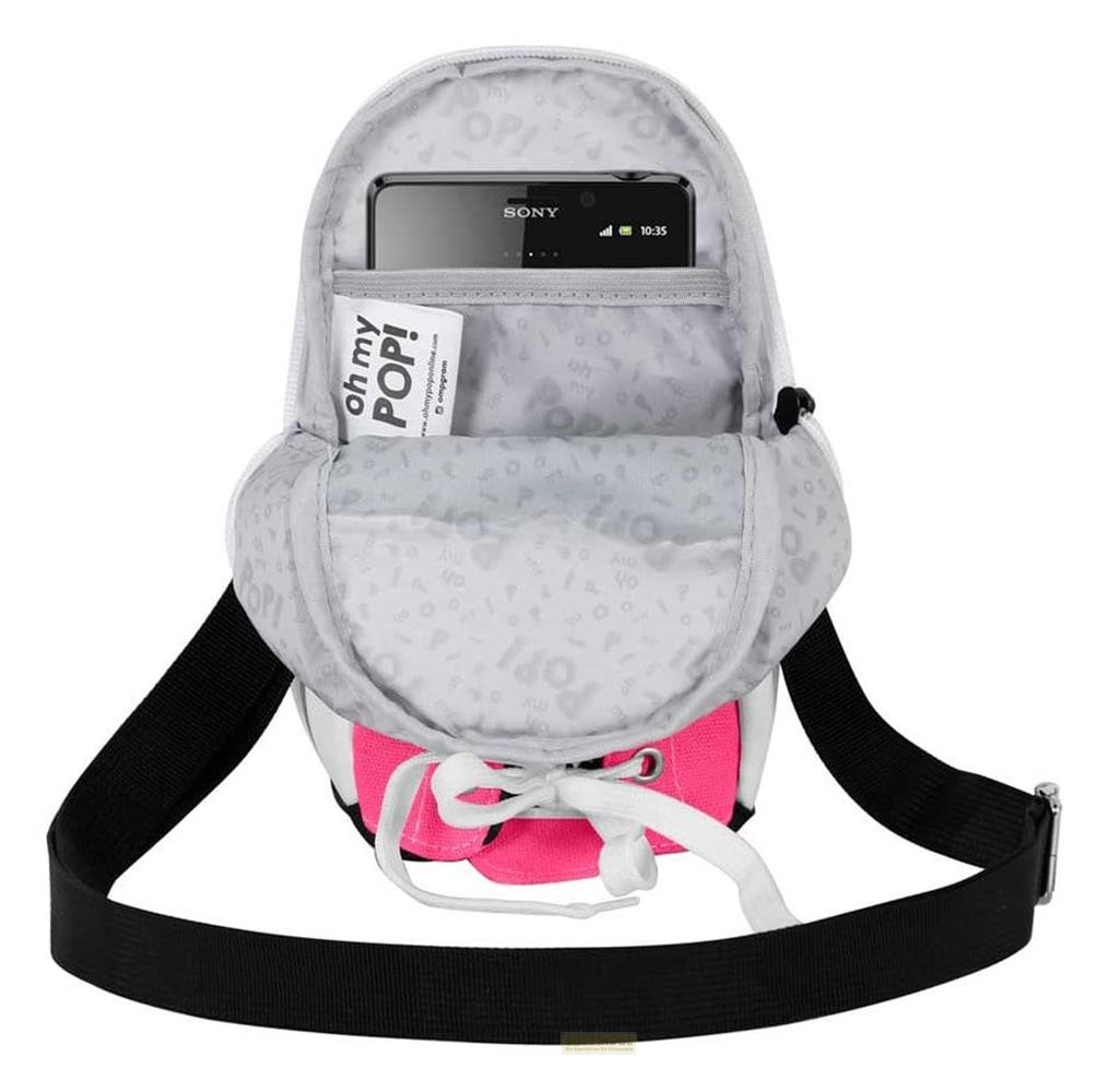 Eine weiße und pinke Tasche mit einem Sony-Telefon und einem Aufkleber darin.
