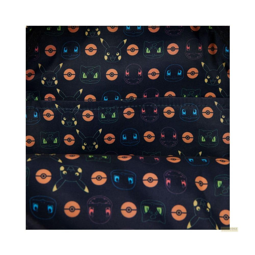 Tela oscura con estampado Pokémon: Pikachu, Charmander, Eevee y Pokébolas.