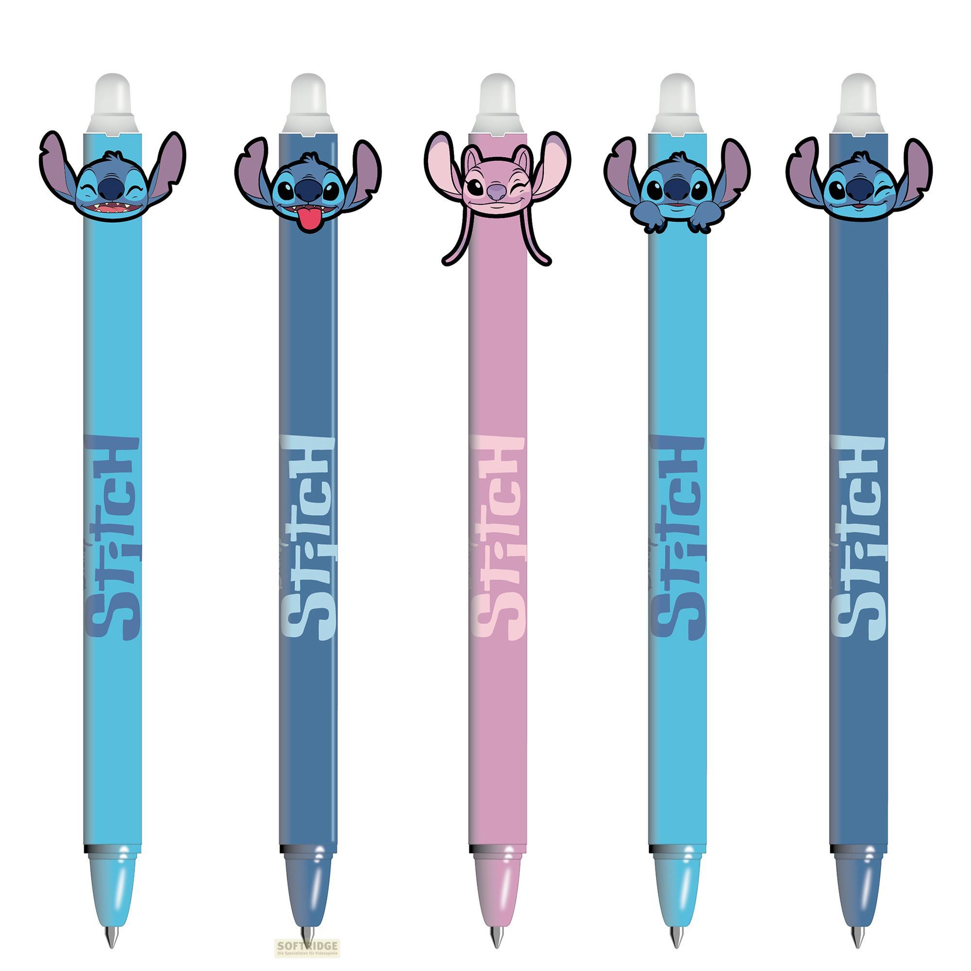 Cinco bolígrafos con motivos de Stitch en azul, rosa y azul oscuro.