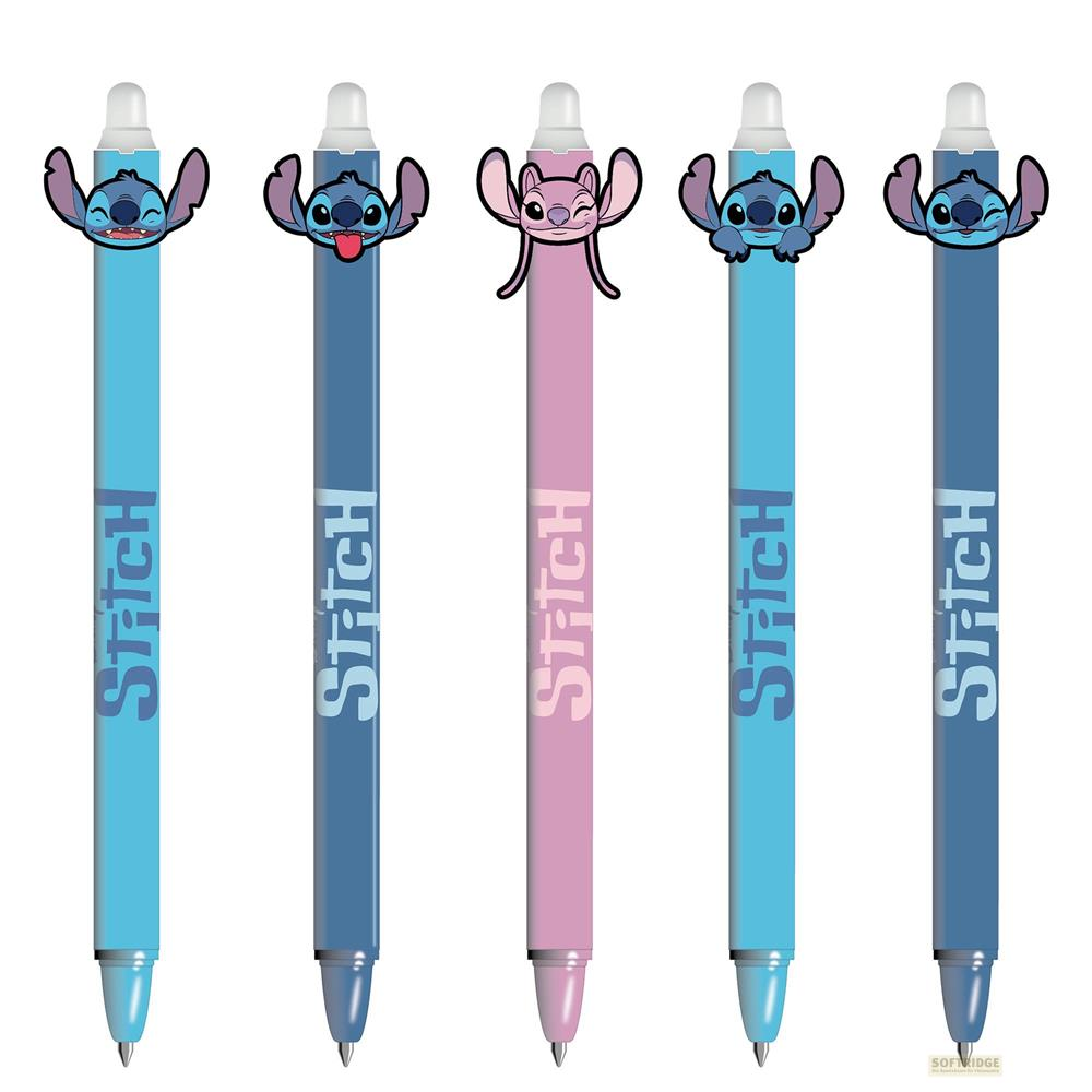 Cinco bolígrafos con personajes de Stitch en azul, azul oscuro y rosa.