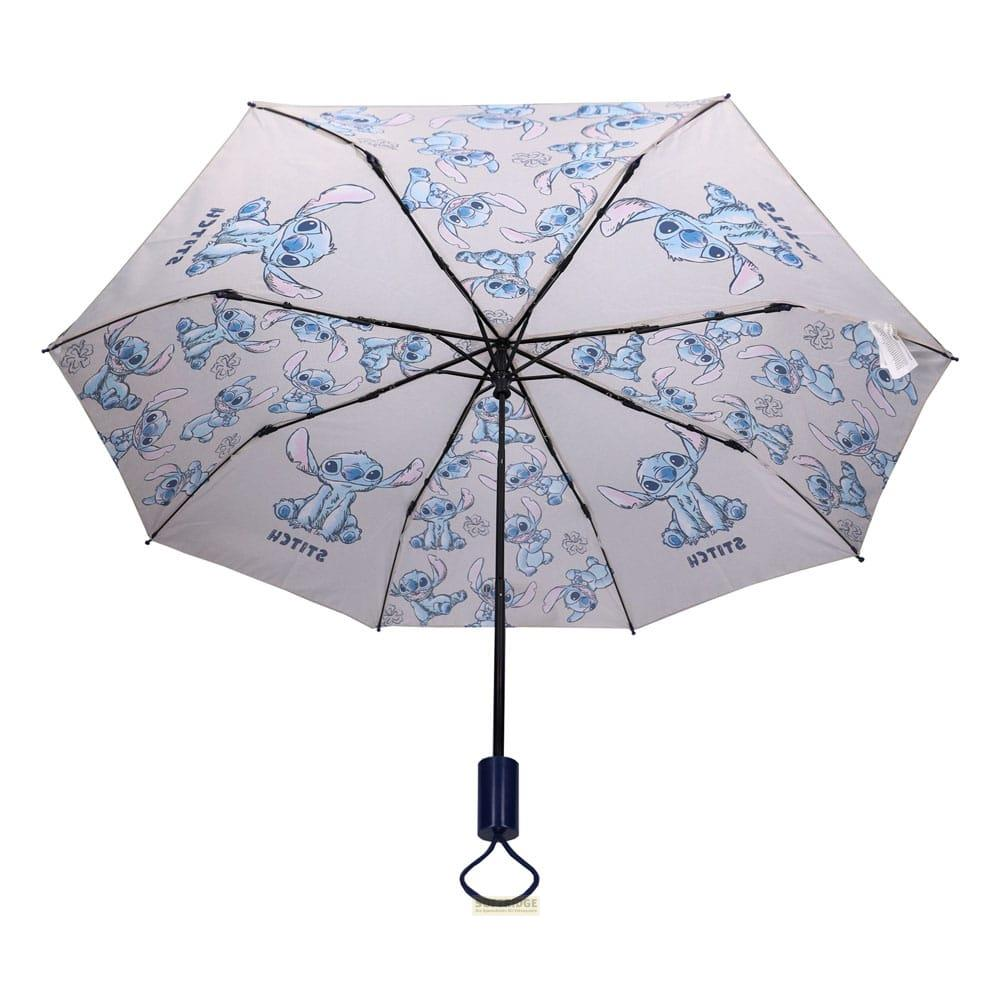 Un paraguas gris con un estampado de Stitch de Lilo y Stitch.