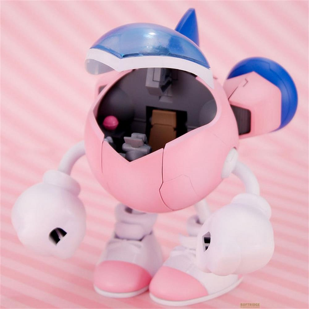 Un robot rose avec des accents bleus sur fond rose rayé.