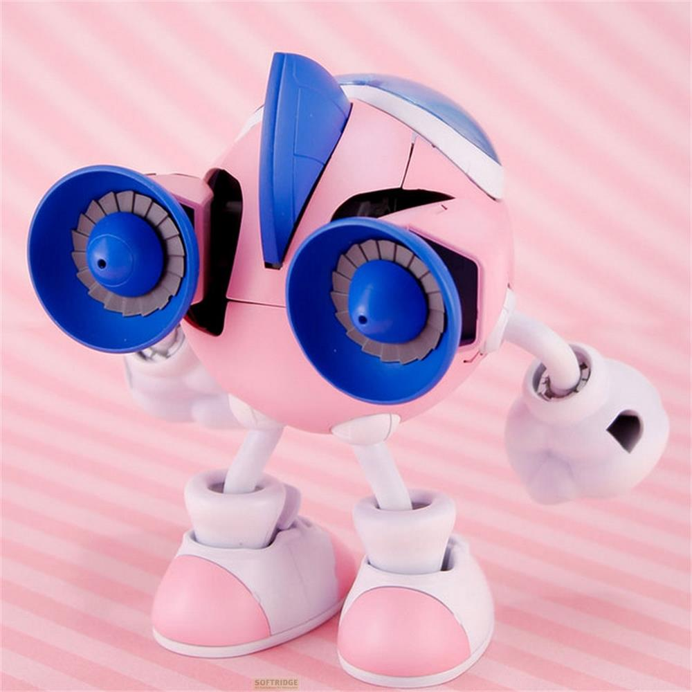 Un robot rose avec des jets bleus et des chaussures blanches se tient sur un fond rayé rose.