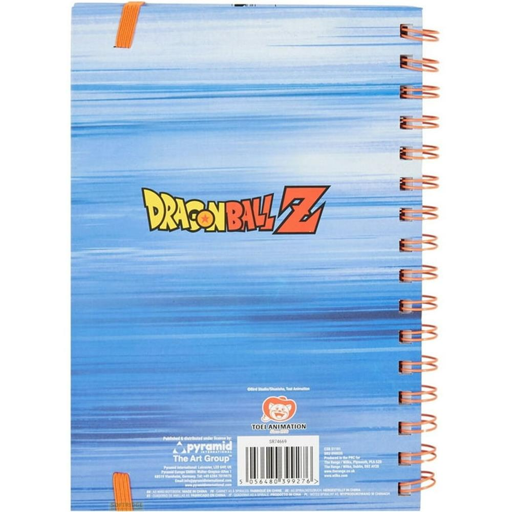 Notizbuch mit Dragon Ball Z Logo auf blauem Hintergrund, mit Spiralbindung.