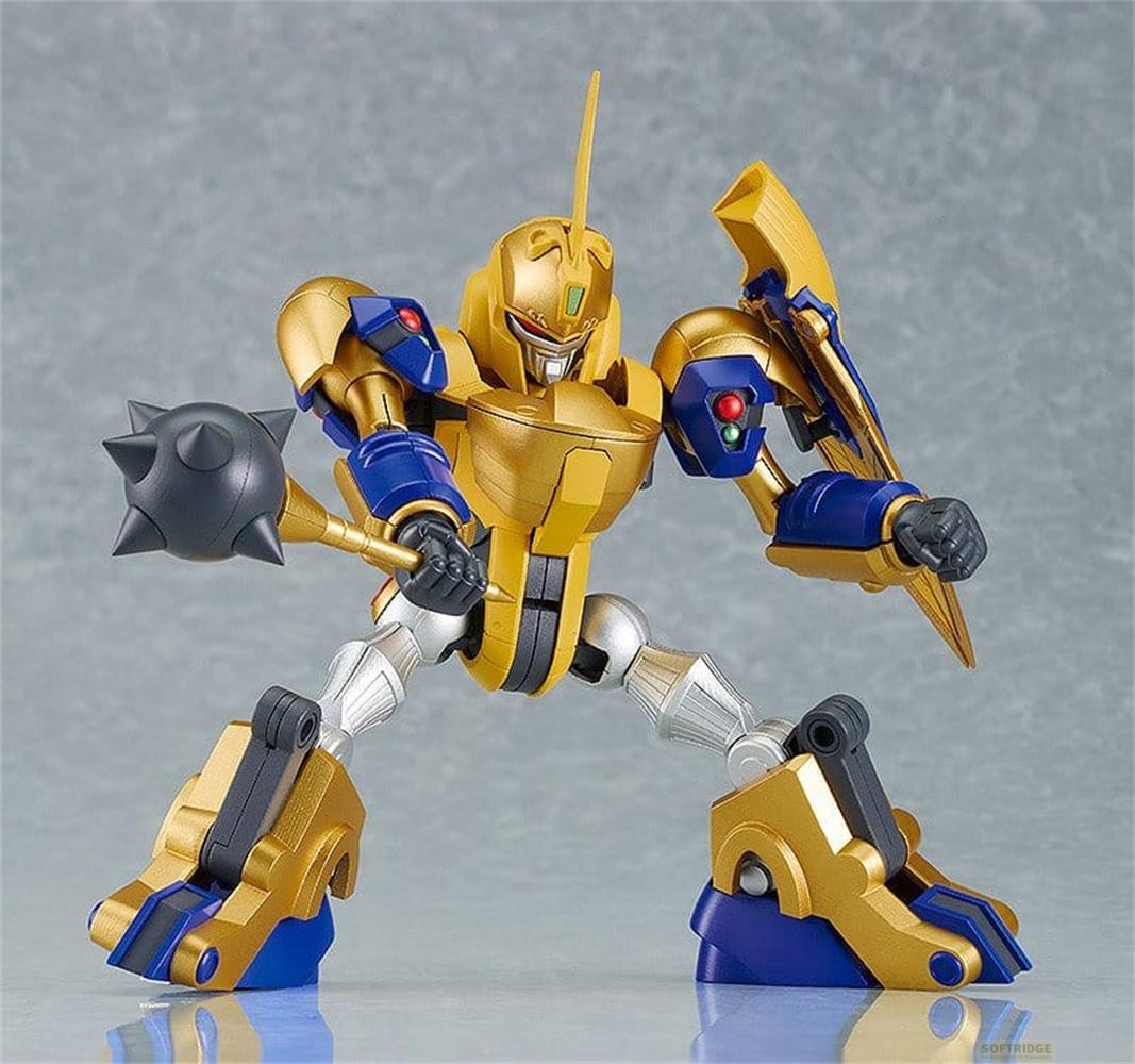 Robot doré avec armure bleue et masse, tenant une arme.
