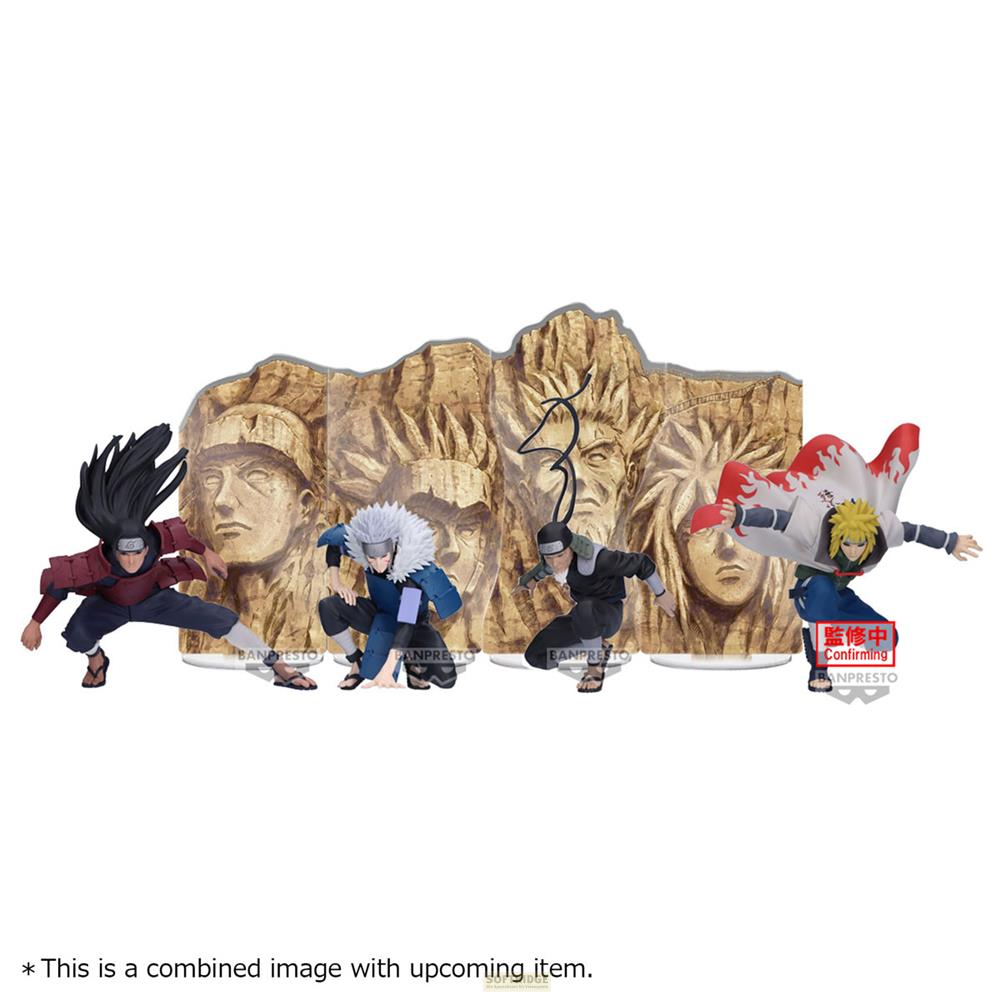 Figuras de Naruto frente a telón de fondo de montaña con caras.