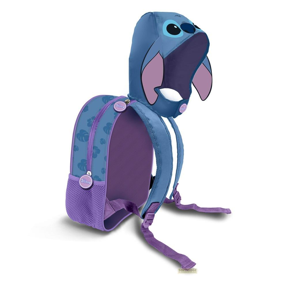 Ein blauer Rucksack mit Stitch-Kapuze, lila Akzenten und Blattmuster.