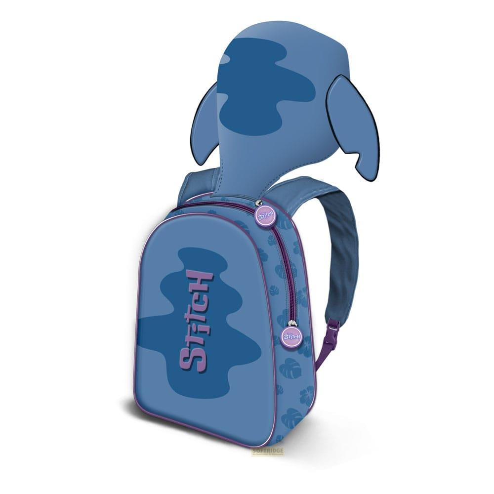 Ein blauer Rucksack mit Stitch-Motiv und Ohren oben.