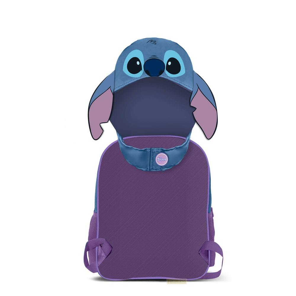 Ein blauer Stitch-Rucksack mit violetten Akzenten und einem Stitch-Charakterhut oben.