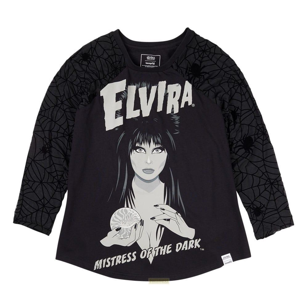 Schwarzes Langarmshirt mit Elvira-Motiv und Spinnennetzmuster.