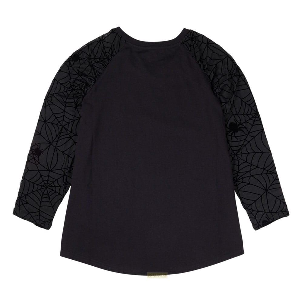 Schwarzes Langarmshirt mit Spinnennetz-Muster auf den Ärmeln.