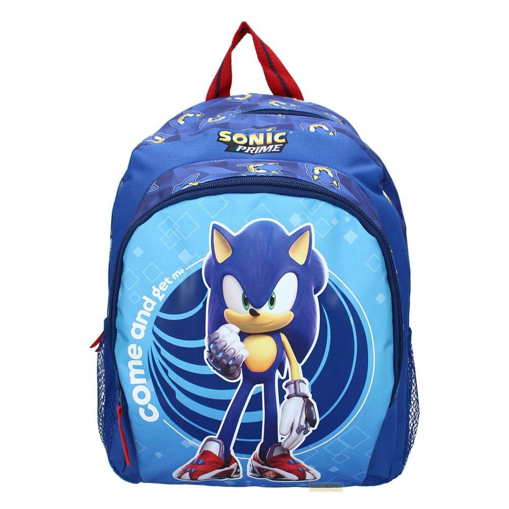 Una mochila azul de Sonic Prime con Sonic en el frente.