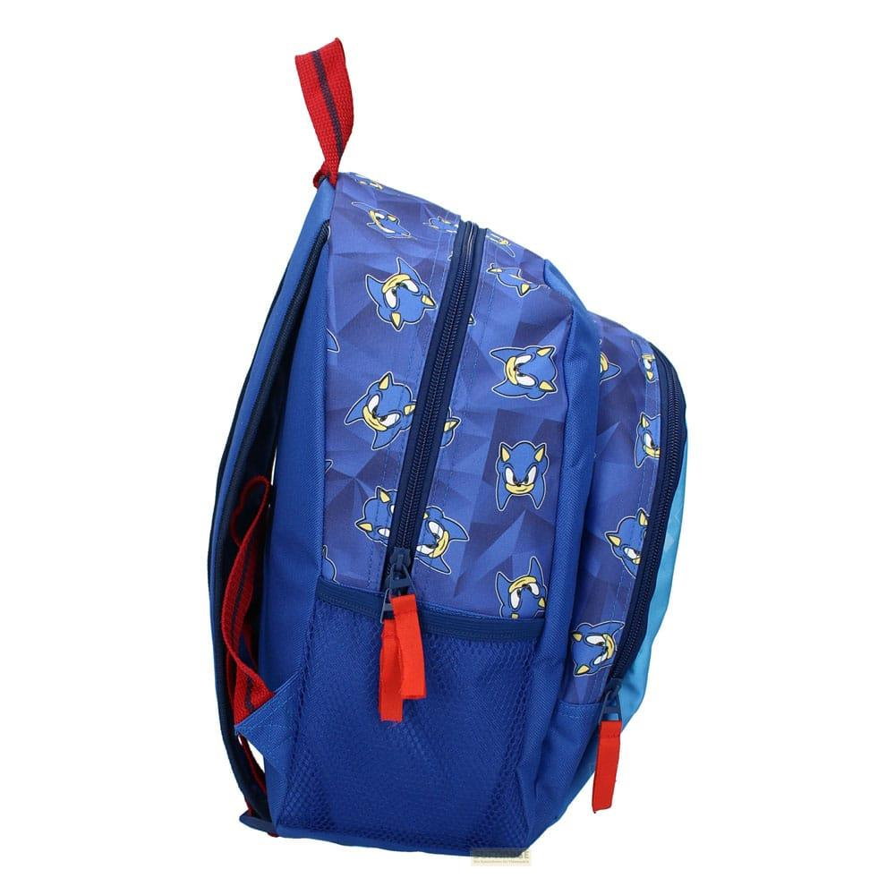 Mochila azul con estampado de Sonic, tiradores de cremallera rojos y bolsillos laterales.