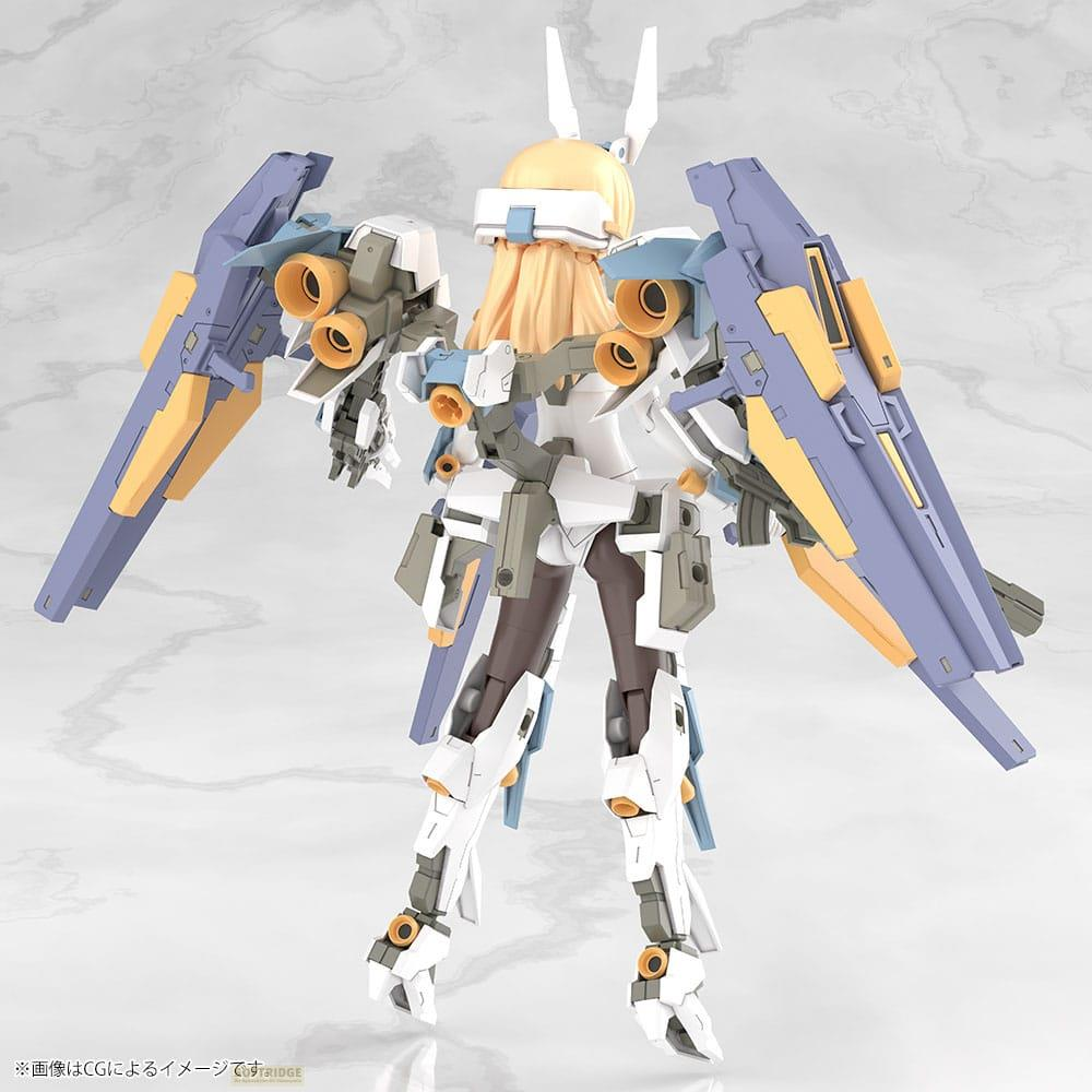 Une figurine mécanique blanche et bleue avec des ailes et des accents jaunes.