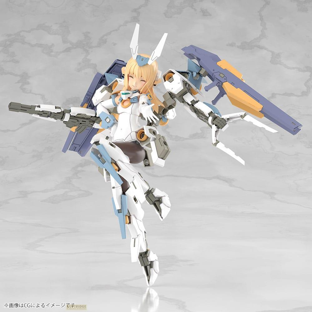 Une figure de cyborg féminin en blanc avec des accents bleus et des armes.