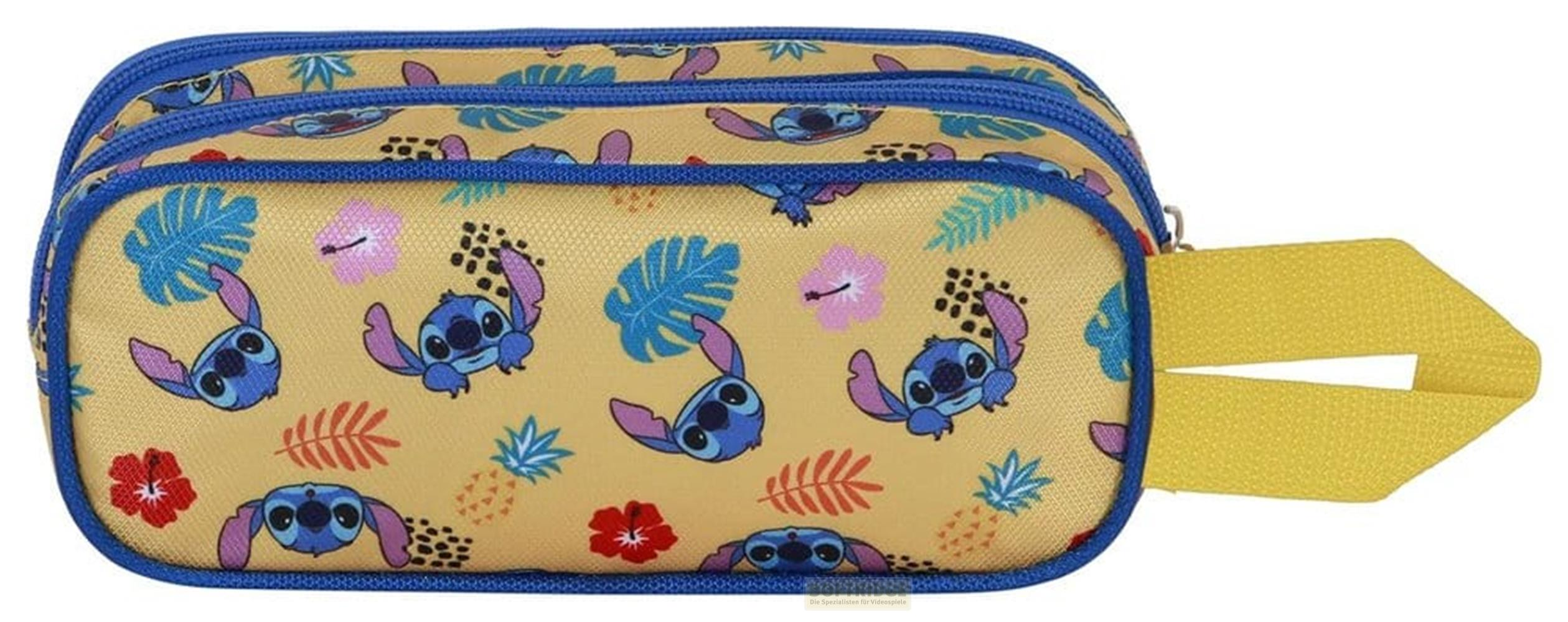 Neceser amarillo con motivos azules de Stitch, hojas y flores.