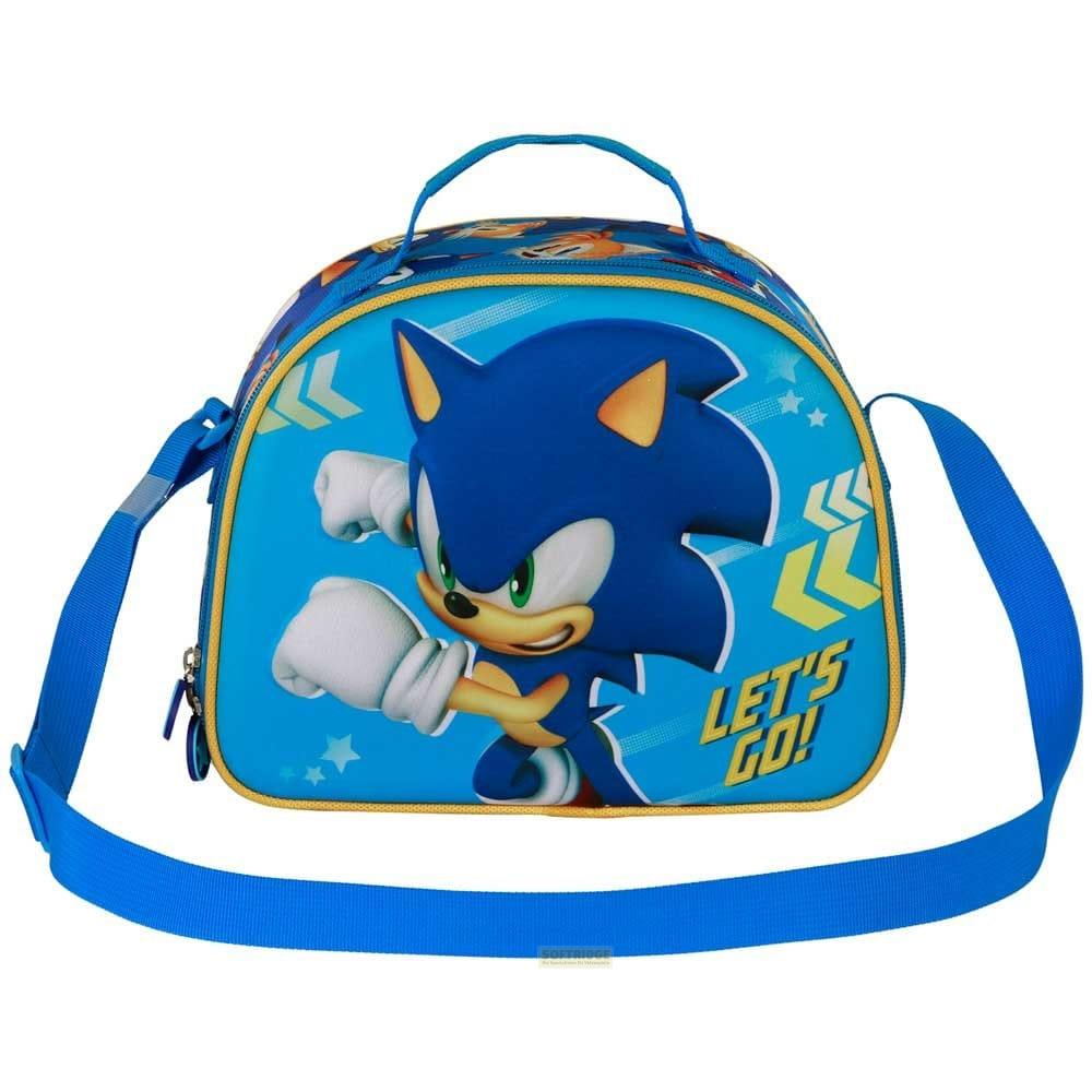 Bolso azul de Sonic con estampado 'LET'S GO!' y asa superior.