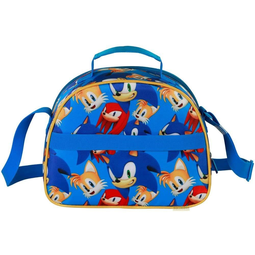 Una lonchera azul con personajes de Sonic the Hedgehog y ribete amarillo.