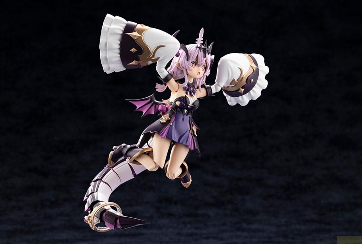 Eine Anime-Figur mit lila Haaren, Flügeln und einem langen Schwanz in einem dunklen Outfit.