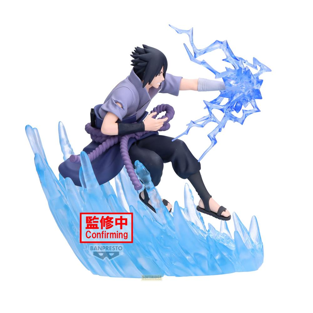Una figura de Sasuke Uchiha de pie sobre hielo, lanzando rayos de su mano.