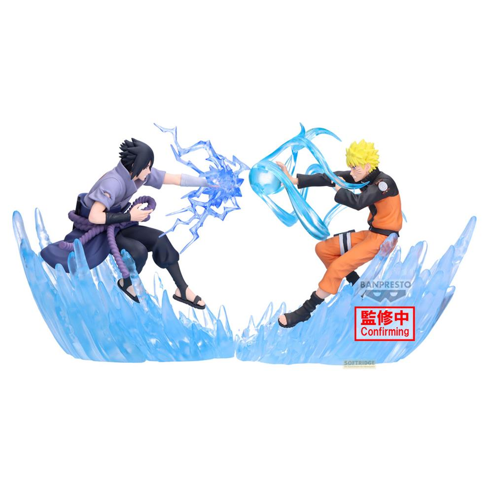 Naruto y Sasuke luchan con energía azul sobre una base helada.