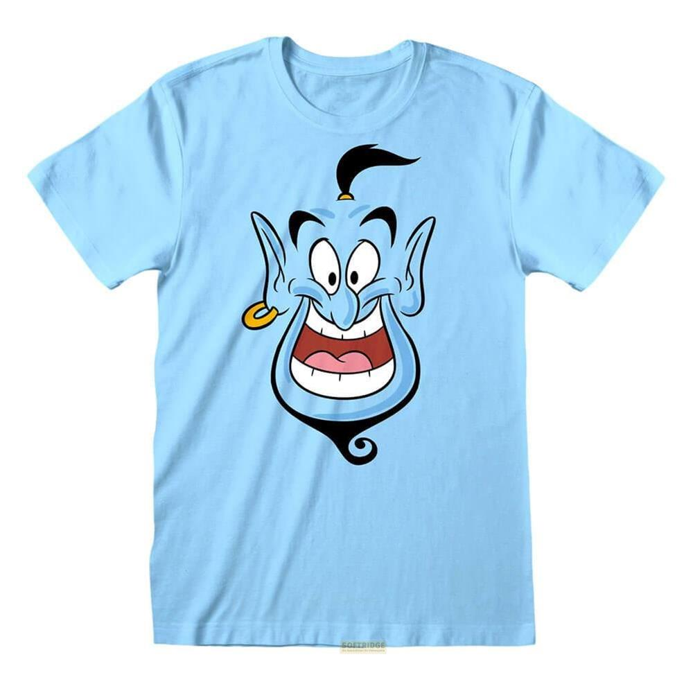 Hellblaues T-Shirt mit dem Gesicht des Dschinni aus Aladdin, der breit grinst.