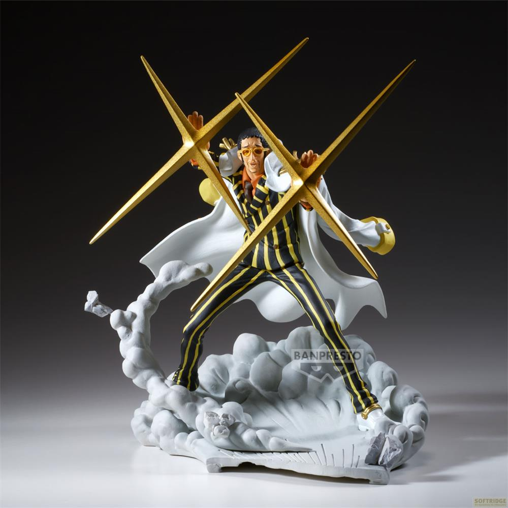 Una figura con traje negro y amarillo y capa blanca sostiene estrellas doradas.