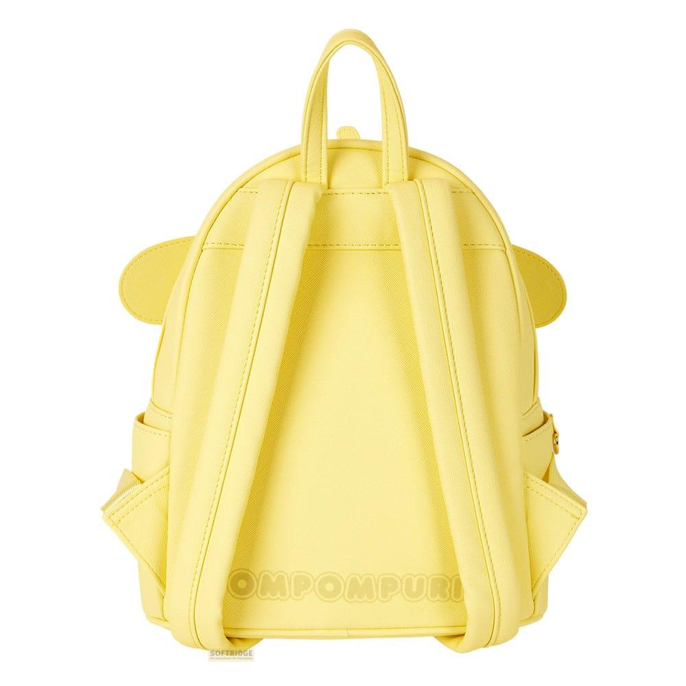 Una mochila amarilla con orejas y bolsillos laterales.