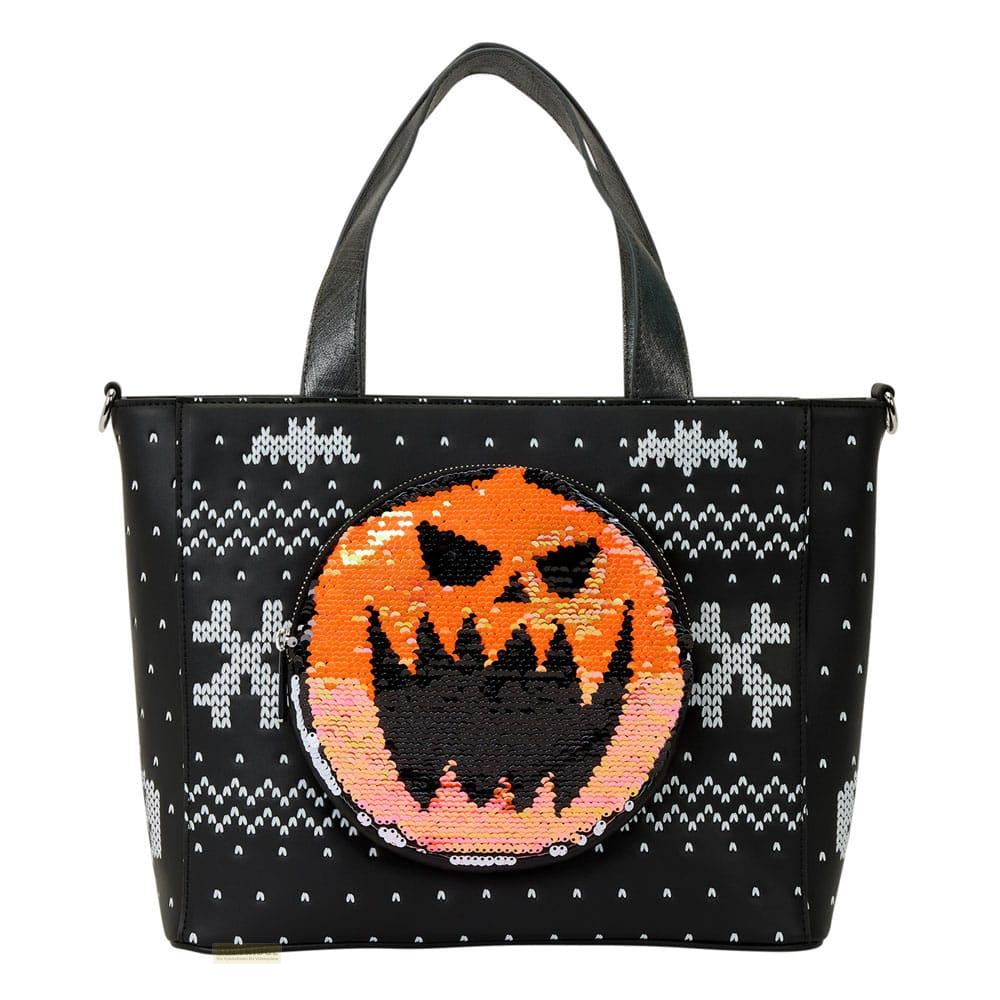 Bolso negro con calabaza de Halloween de lentejuelas y estampado de copos de nieve.