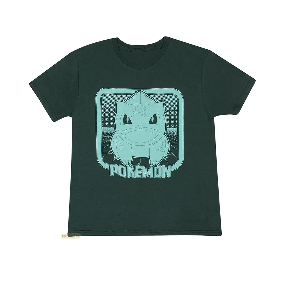 Dunkelgrünes T-Shirt mit blauem Pokémon-Aufdruck: Bulbasaur in einem Kasten.