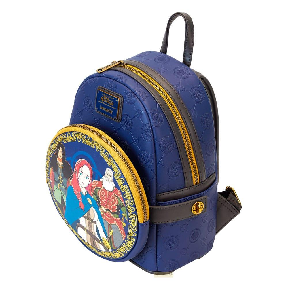 Mochila azul con bolsillo frontal redondo que muestra tres personajes.