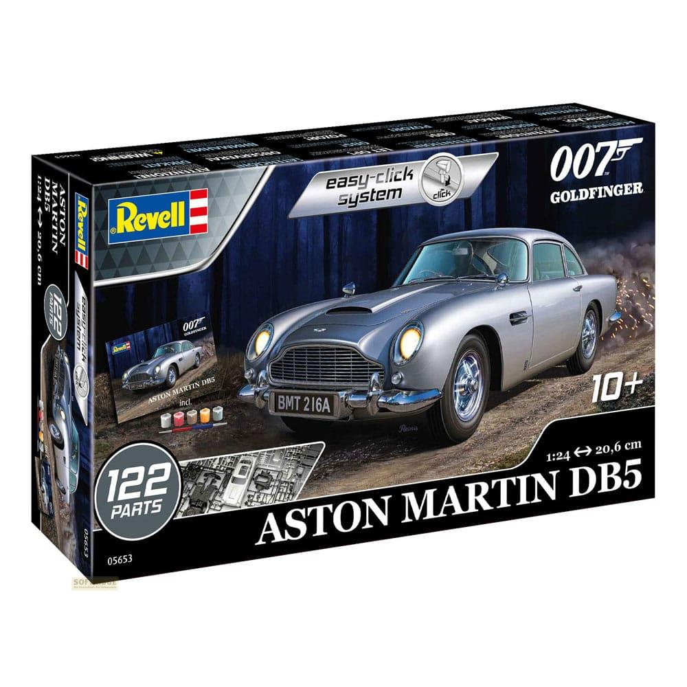 Boîte de kit modèle Revell 007 Goldfinger Aston Martin DB5 avec voiture argentée.