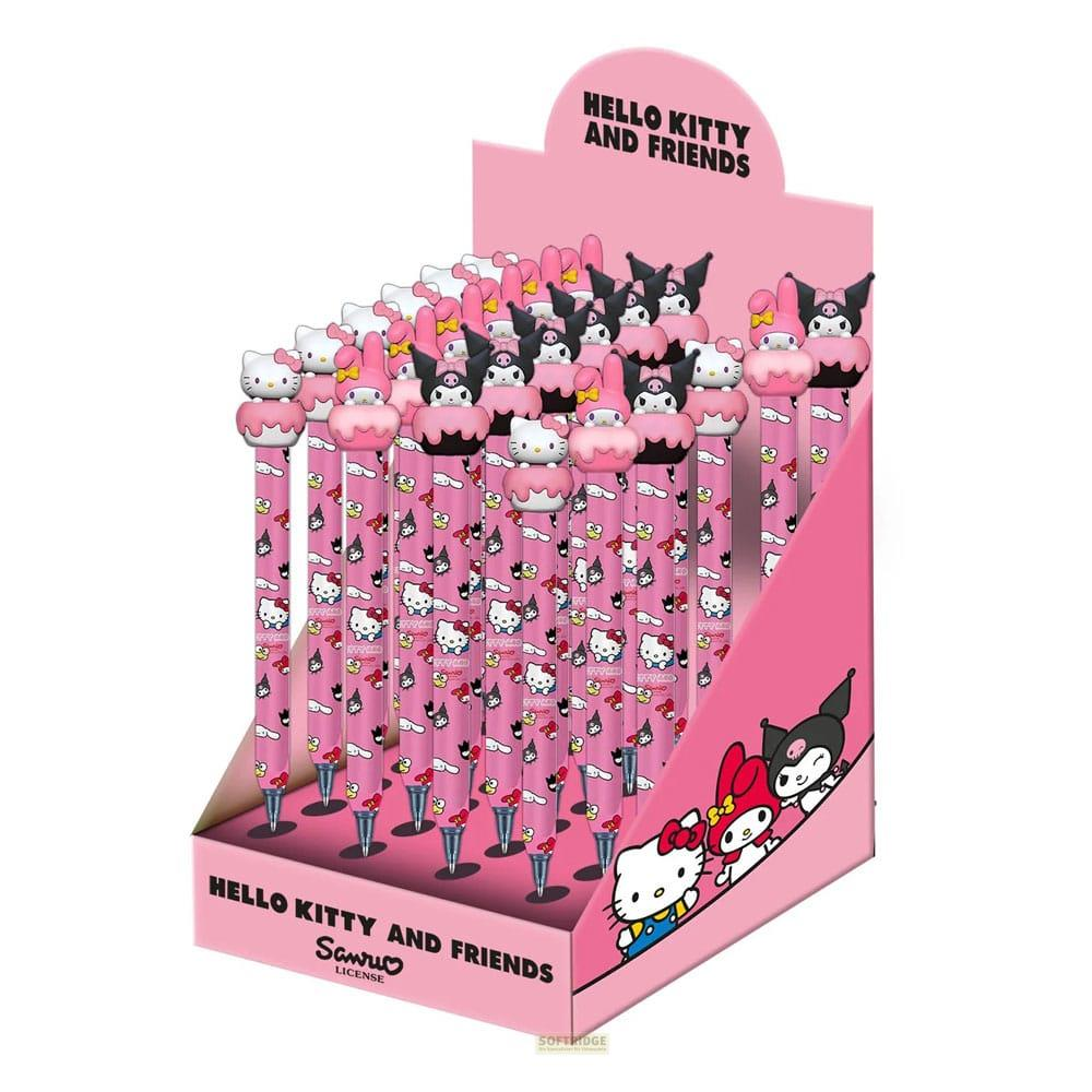 Ein rosa Display mit vielen Hello Kitty und Freunde Stiften mit Charakterköpfen.
