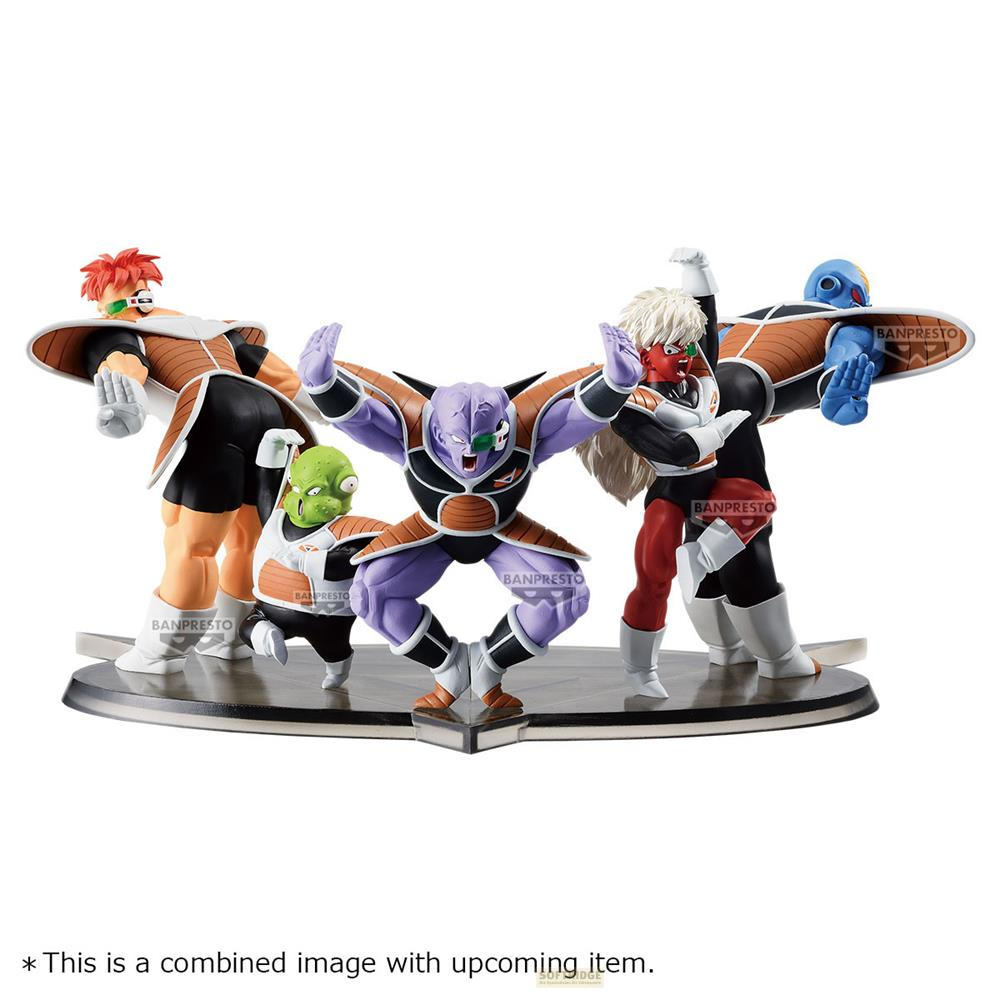 Cinco figuras de Dragon Ball Z posadas en una base redonda.
