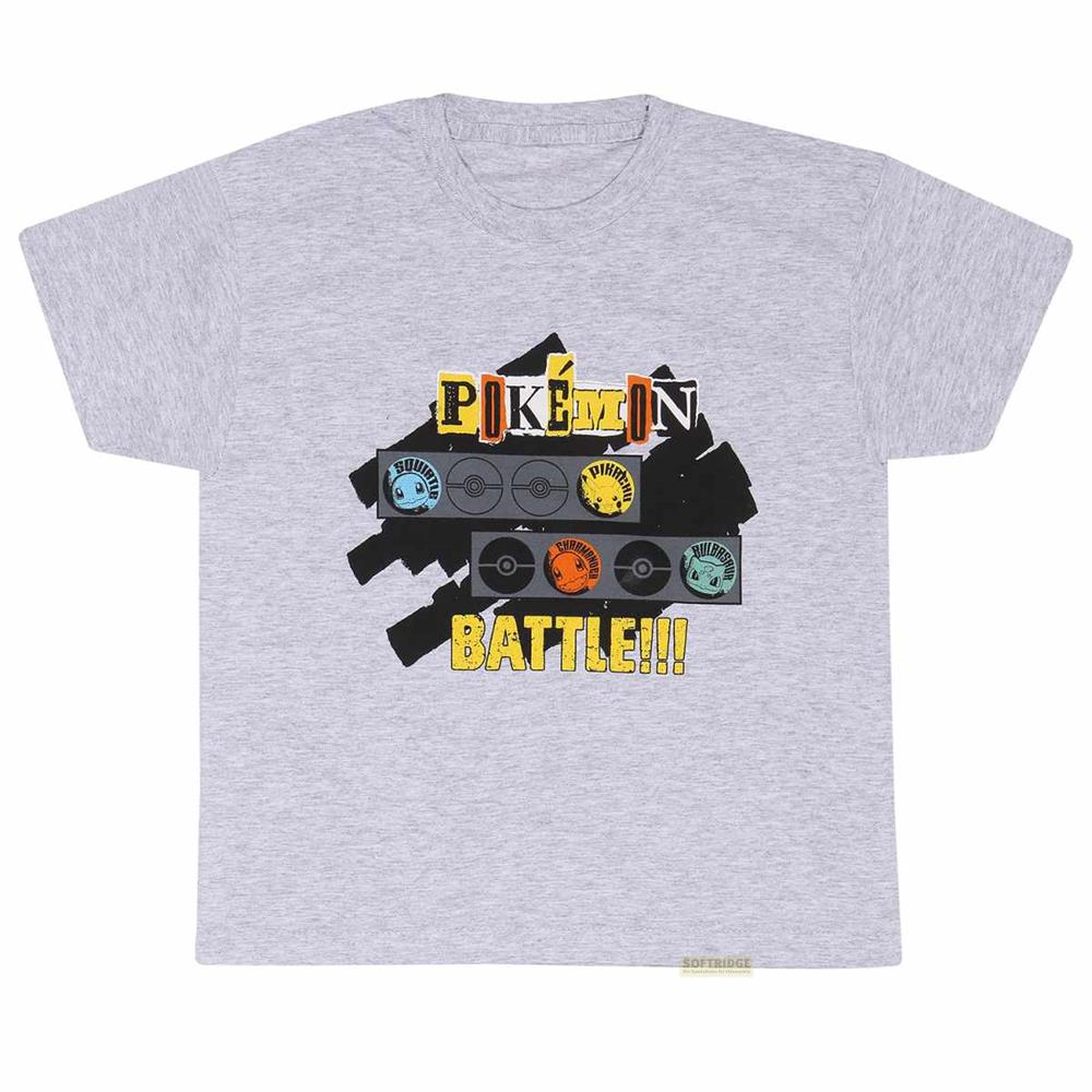Graues T-Shirt mit Pokémon-Aufdruck: Pikachu, Squirtle, Bulbasaur, Charmander.