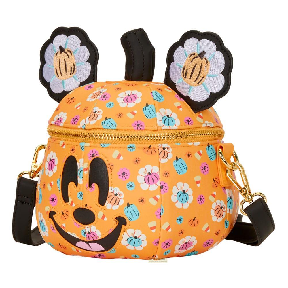 Un bolso naranja con cara de Mickey Mouse y estampado de Halloween.