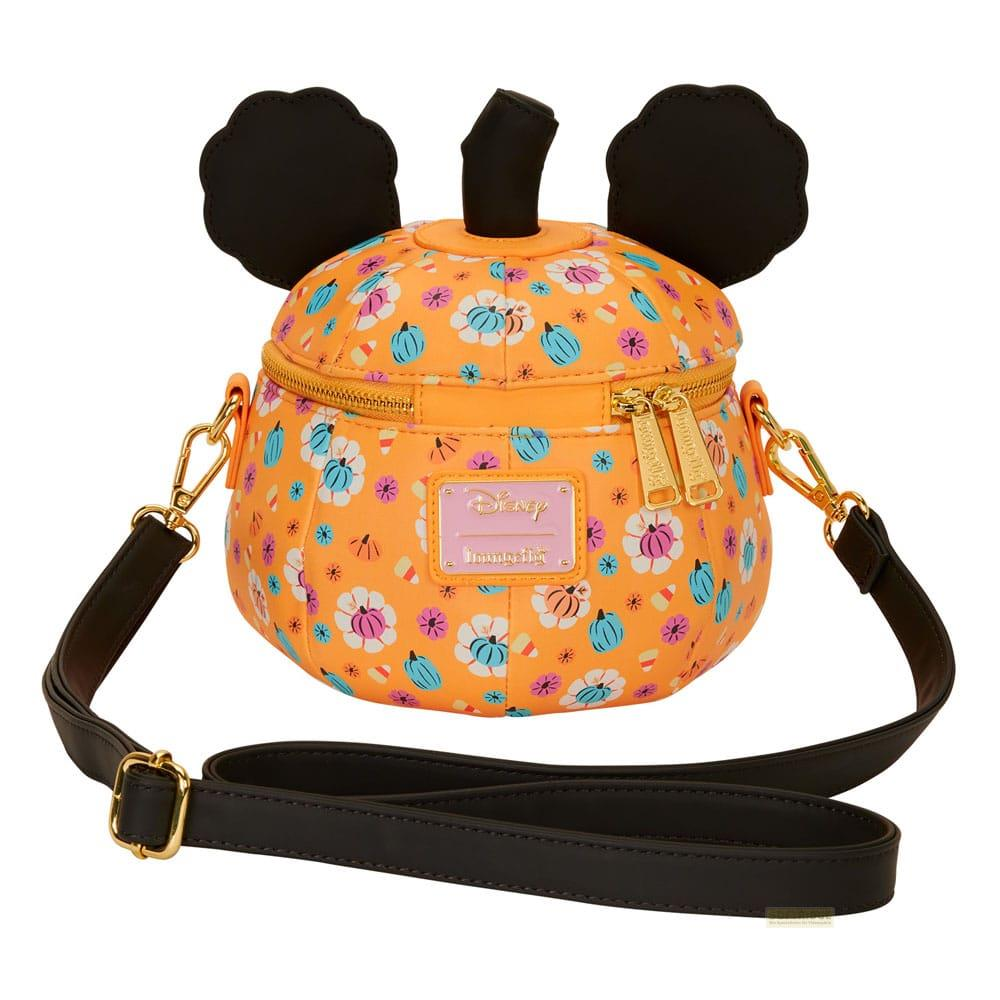 Bolso naranja de calabaza con orejas de Mickey, estampado con flores y dulces.