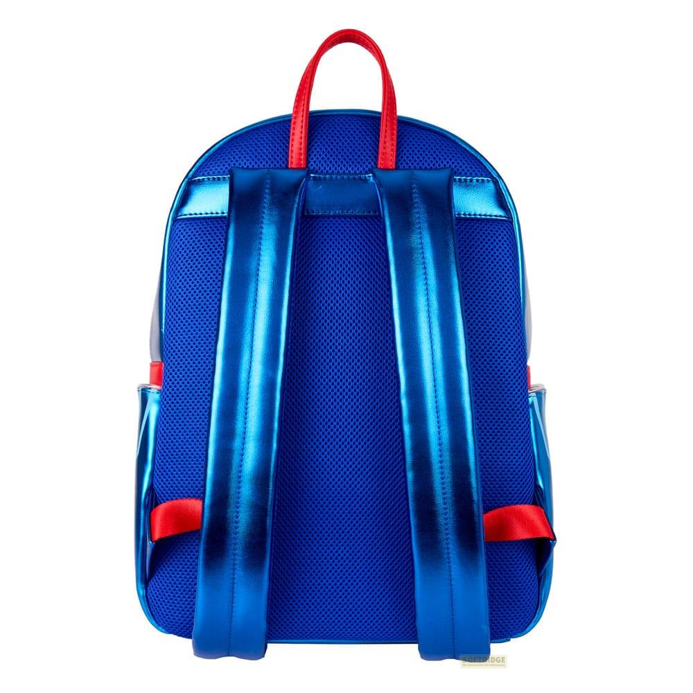 Una mochila azul con correas y detalles rojos.