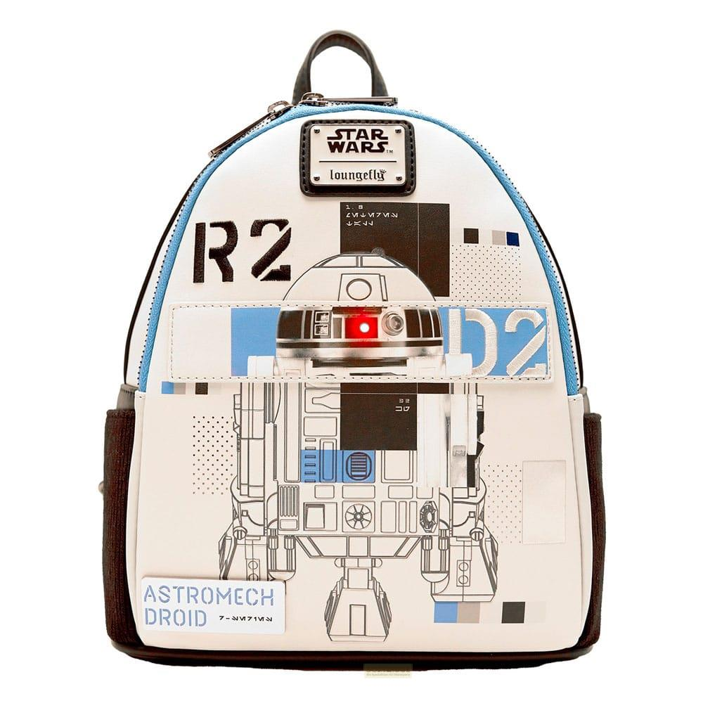 Mochila R2-D2 con logo de Star Wars. Muestra la cabeza y cuerpo de R2-D2 con lentes rojos.