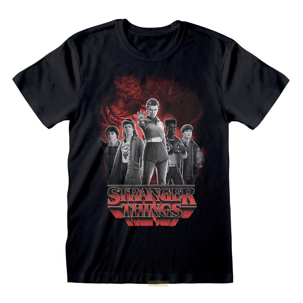 Schwarz-T-Shirt mit Stranger Things-Motiv, Charaktere vor rotem Hintergrund.