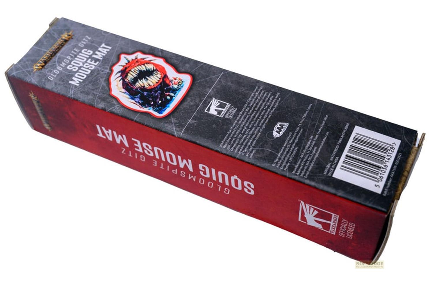 Verpackung für eine Mausmatte mit Warhammer-Motiv, zeigt einen Squig.