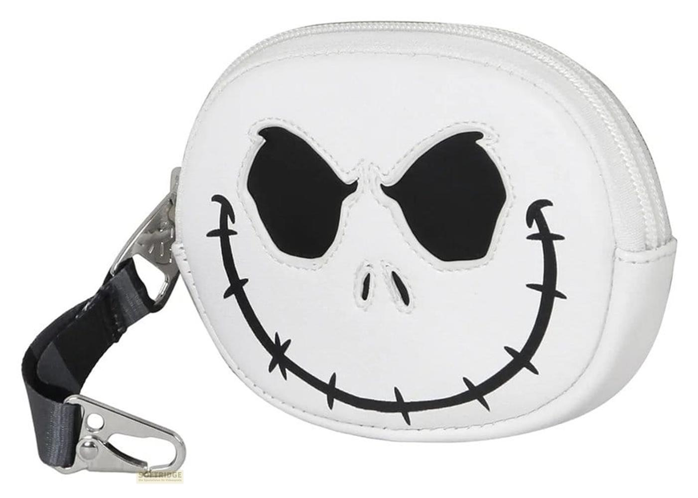 Weiße Geldbörse mit Jack Skellington Gesicht und schwarzem Reißverschluss.