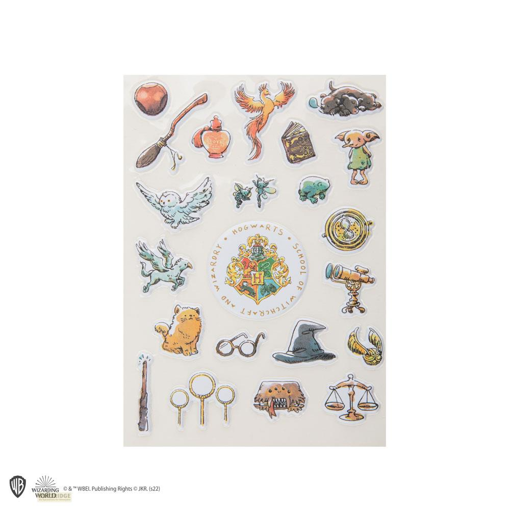 Une collection d'autocollants Harry Potter : balai, phénix, hibou, nifleur, trophées.