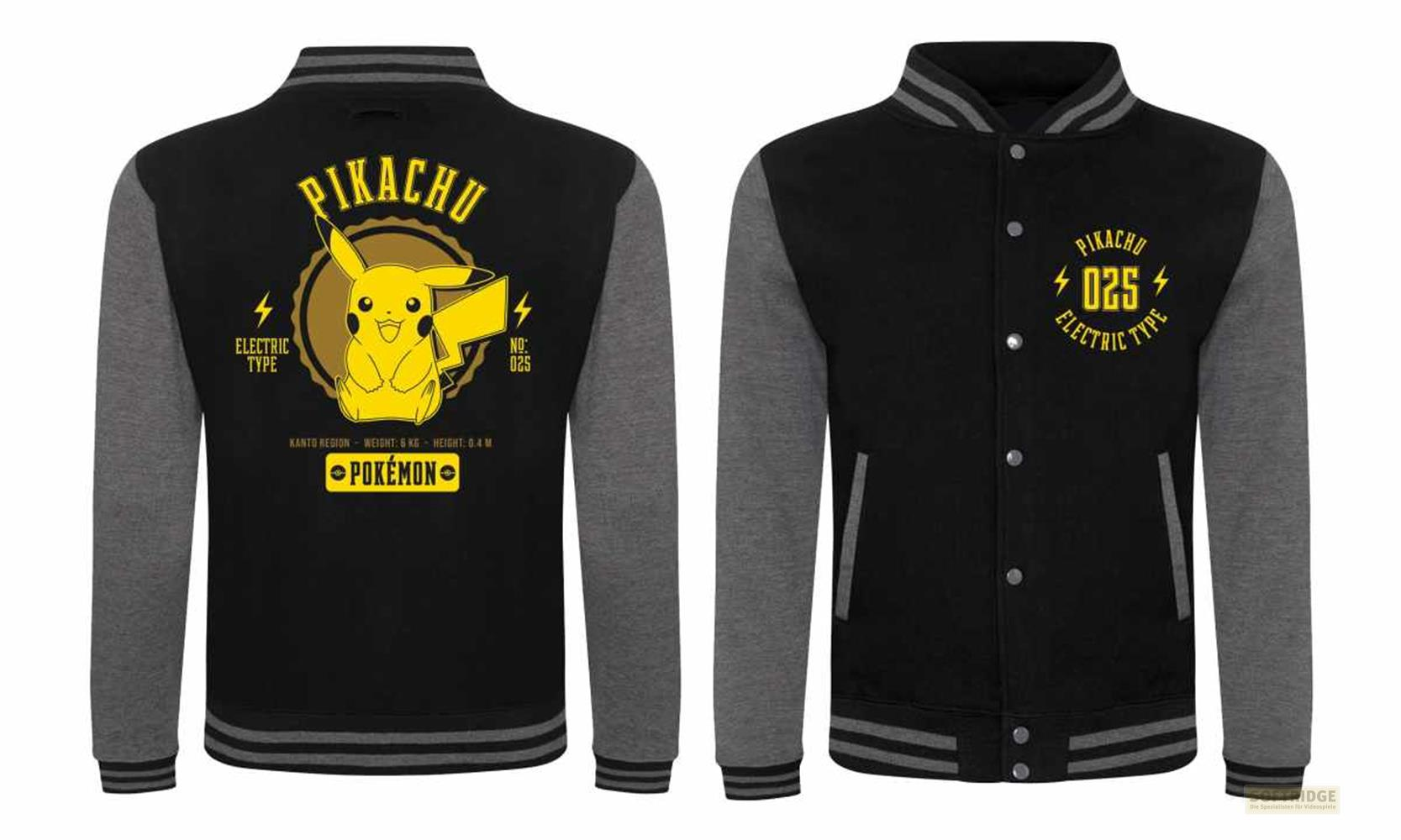 Schwarze Jacke mit Pikachu-Motiv, graue Ärmel. Vorderseite zeigt Nummer 025.